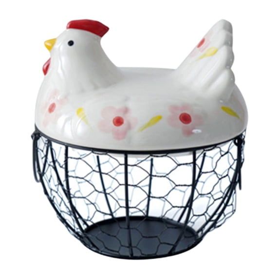 Chicken Egg Basket Black Wire with Ceramic Lid, Egg Holder for Gathering Fresh Eggs, Decorative Farmhouse Egg Storage Container for Kitchen Countertop, Ceramic Egg Storage Basket Organizer