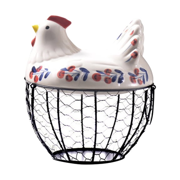 Chicken Egg Basket Black Wire with Ceramic Lid, Egg Holder for Gathering Fresh Eggs, Decorative Farmhouse Egg Storage Container for Kitchen Countertop, Ceramic Egg Storage Basket Organizer