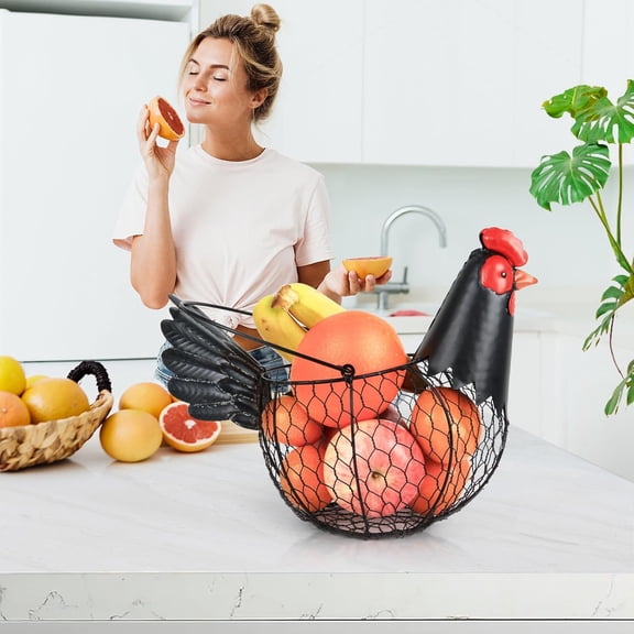 Chicken Egg Basket, Egg Collecting Basket, Metal Wire Basket with Handle, Farmhouse Chicken Decor, Rustic Black Rooster Shaped Fruit Bowl Countertop Holder for Home Kitchen Decoration