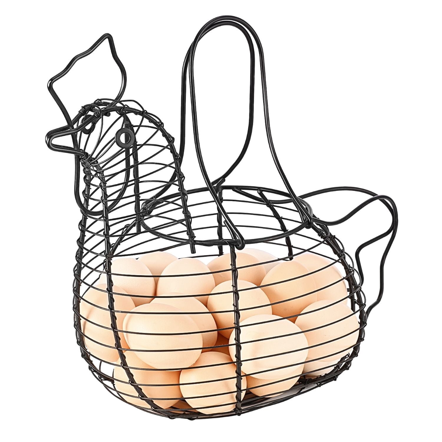 Chicken Egg Basket, Egg Storage Holder with Handle for Eggs, Fruits, Vegetables, Metal Wire Mesh Chicken Decor for Kitchen Table Countertop, Farmhouse Rustic Style, Black