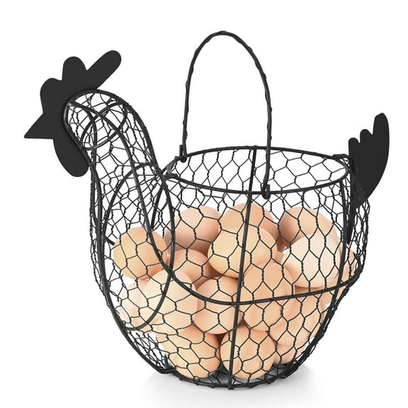 Chicken Egg Basket, Egg Storage Holder with Handle for Eggs, Fruits, Vegetables, Metal Wire Mesh Chicken Decor for Kitchen Table Countertop, Farmhouse Rustic Style, Brown