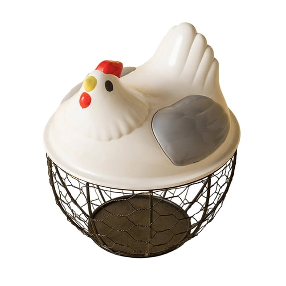 Chicken Egg Basket Large Capacity with Ceramic Lid, Metal Wire Egg Storage Basket and Fruit Container with Mesh Iron Holder, Countertop Organizer for Fresh Eggs Vegetables Refrigerator Use