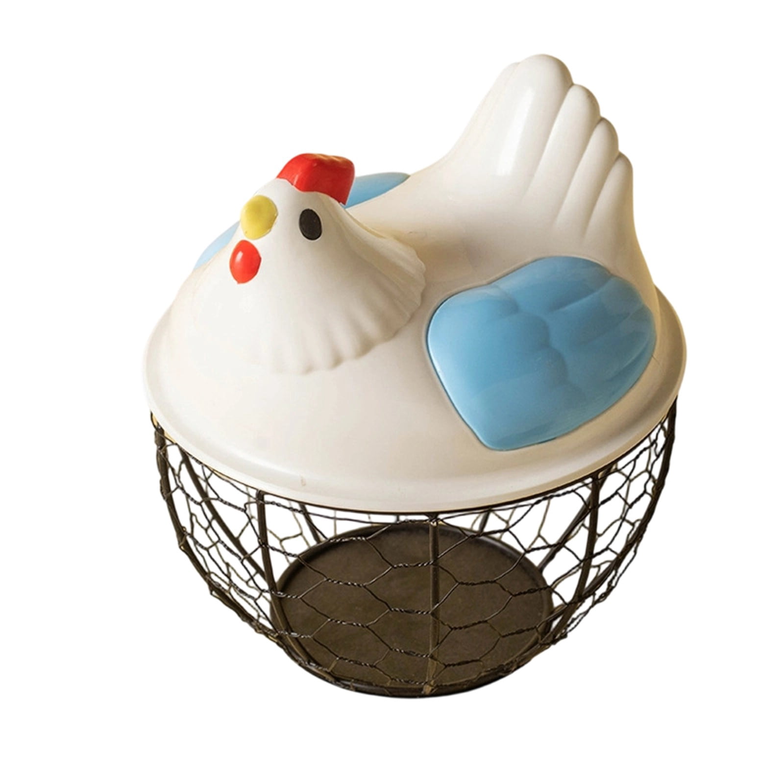 Chicken Egg Basket Large Capacity with Ceramic Lid, Metal Wire Egg Storage Basket and Fruit Container with Mesh Iron Holder, Countertop Organizer for Fresh Eggs Vegetables Refrigerator Use