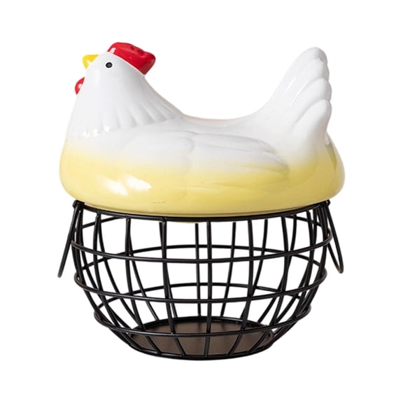 Chicken Egg Basket Large Capacity with Ceramic Lid, Rustic Metal Wire Fresh Egg Holder and Vegetable Fruit Storage Basket, Country Farmhouse Countertop Organizer for Kitchen Home Living Room