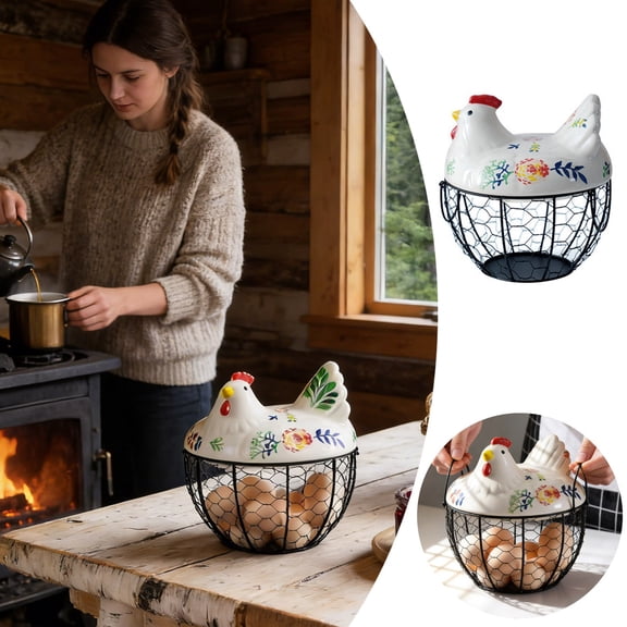 Chicken Egg Basket, Wire Egg Collection Baskes with Ceramic Lid for Gathering Fresh Eggs, Chicken Egg Holder, Decorative Farmhouse Cute Eggs Storage Container for Kitchen, Countertop
