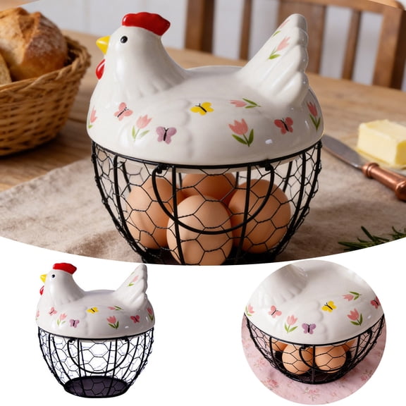 Chicken Egg Basket, Wire Egg Collection Baskes with Ceramic Lid for Gathering Fresh Eggs, Chicken Egg Holder, Decorative Farmhouse Cute Eggs Storage Container for Kitchen, Countertop
