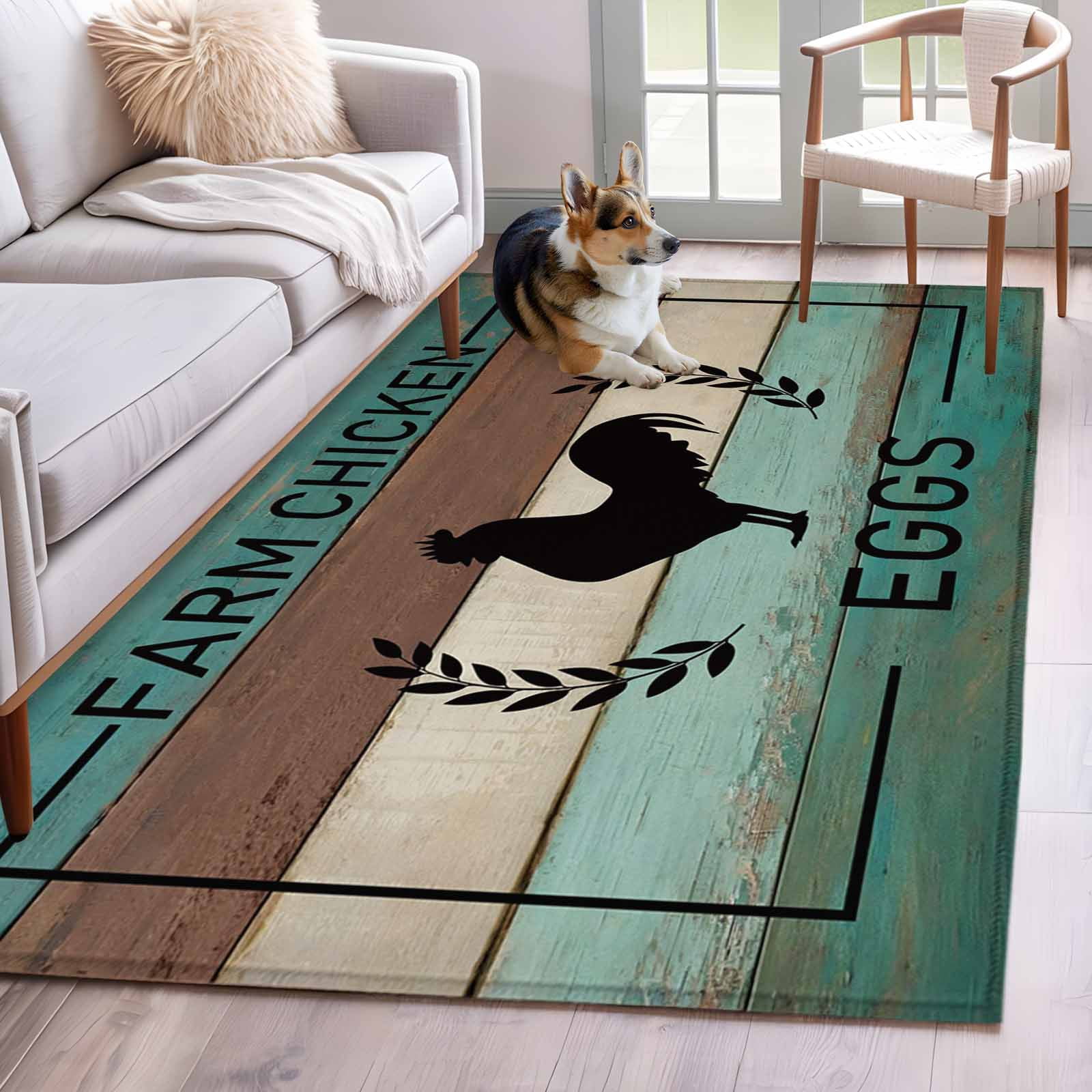 Chicken Area Rug Chicken Eggs Area Rugs 3x5 ft Farmhouse Animal Teal Green Wood Grain ...