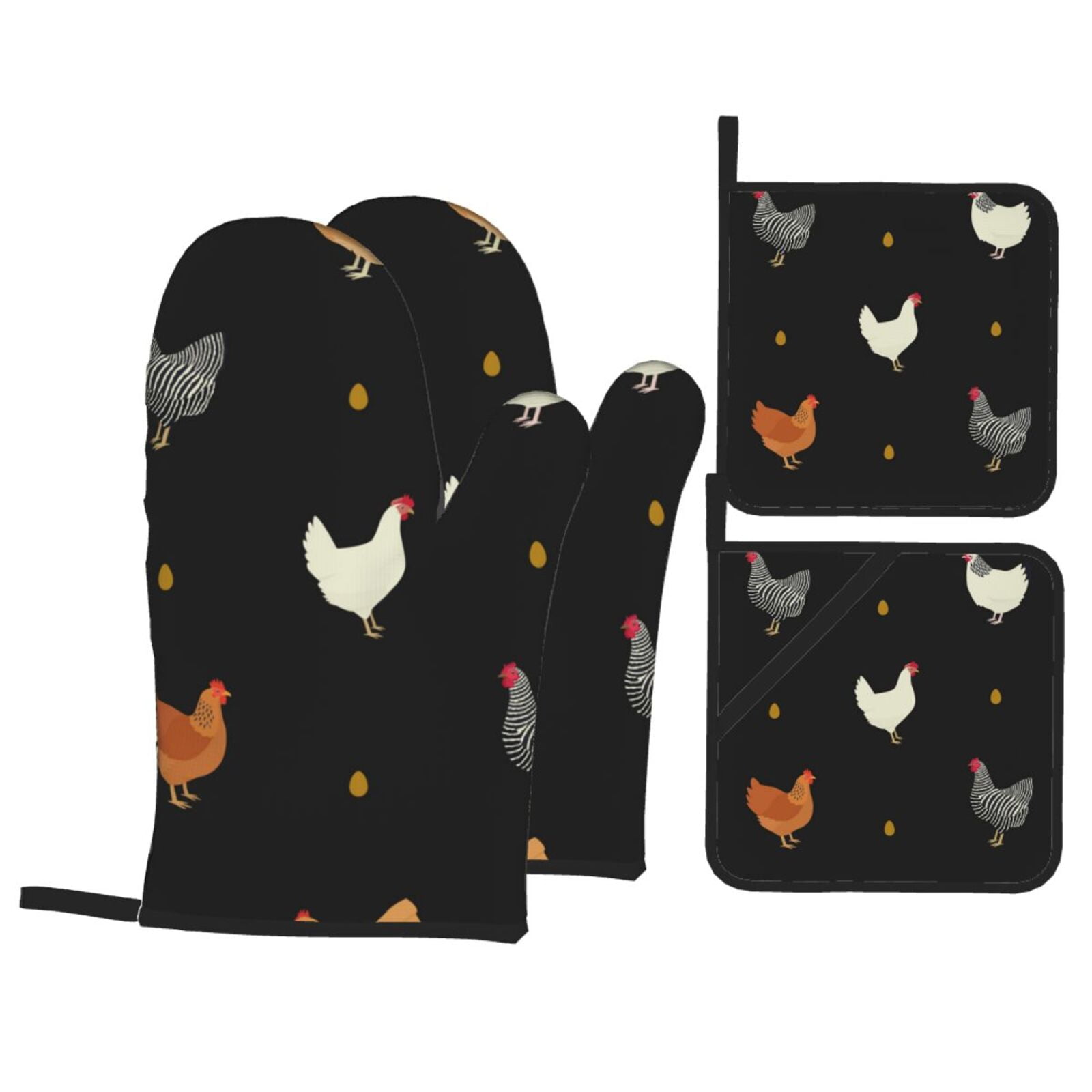 Chicken Eggs Cock Pattern Rooster 4Pcs Oven Mitts and Pot Holders Sets Oven Kitchen Gloves Hot Pads for Cooking BBQ Baking Grilling