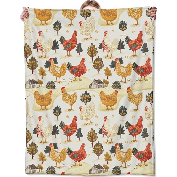 Chicken Farm Blanket,Gifts for Animal and Nature Lovers,Lightweight Flannel Throw Blankets,Rooster Countryside with Beige Background Throws Home Decor,for Couch Living Room Office,60x50inch