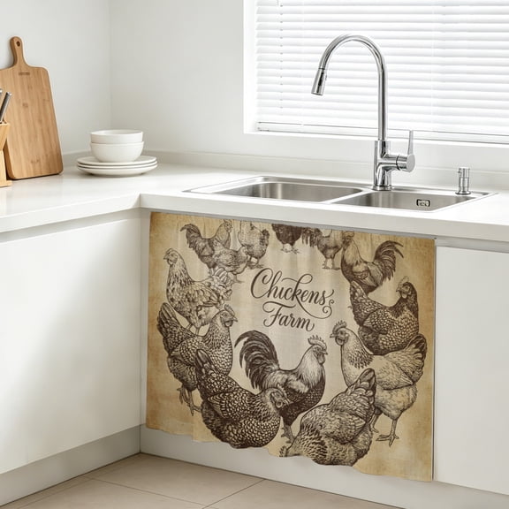 Chicken Farm Cabinet Curtains for Kitchen 28"W x 35"L, Country Rustic Rooster Hen Retro Farmhouse Farmhouse Sink Skirt Magic Tape Short Curtain Decorative Privacy Panel for Bathroom Laundry