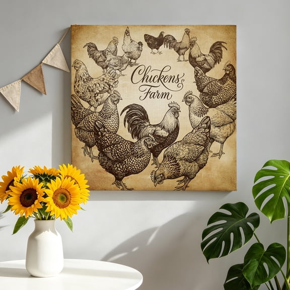 Chicken Farm Canvas Wall Art for Living Room, Country Rustic Rooster Hen Retro Farmhouse Wall Decor Framed Artwork Pictures Ready to Hang for Bedroom Office Home Decor 16x16 Inch