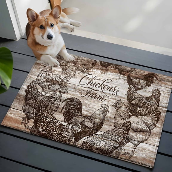 Chicken Farm Front Door Rugs 2x3 ft Country Rustic Rooster Hen Retro Wood Grain Small Rug for Entryway Non Slip Washable Bathroom Door Mat Absorbent Floor Mat for Indoor Entrance