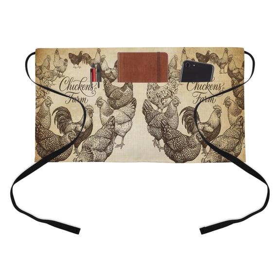 Chicken Farm Kitchen Restaurant Half Waist Apron, Country Rustic Rooster Hen Retro Farmhouse Server Short Apron with 3 Pockets Waterproof Oil Waist Aprons for Women Waitress Waiter