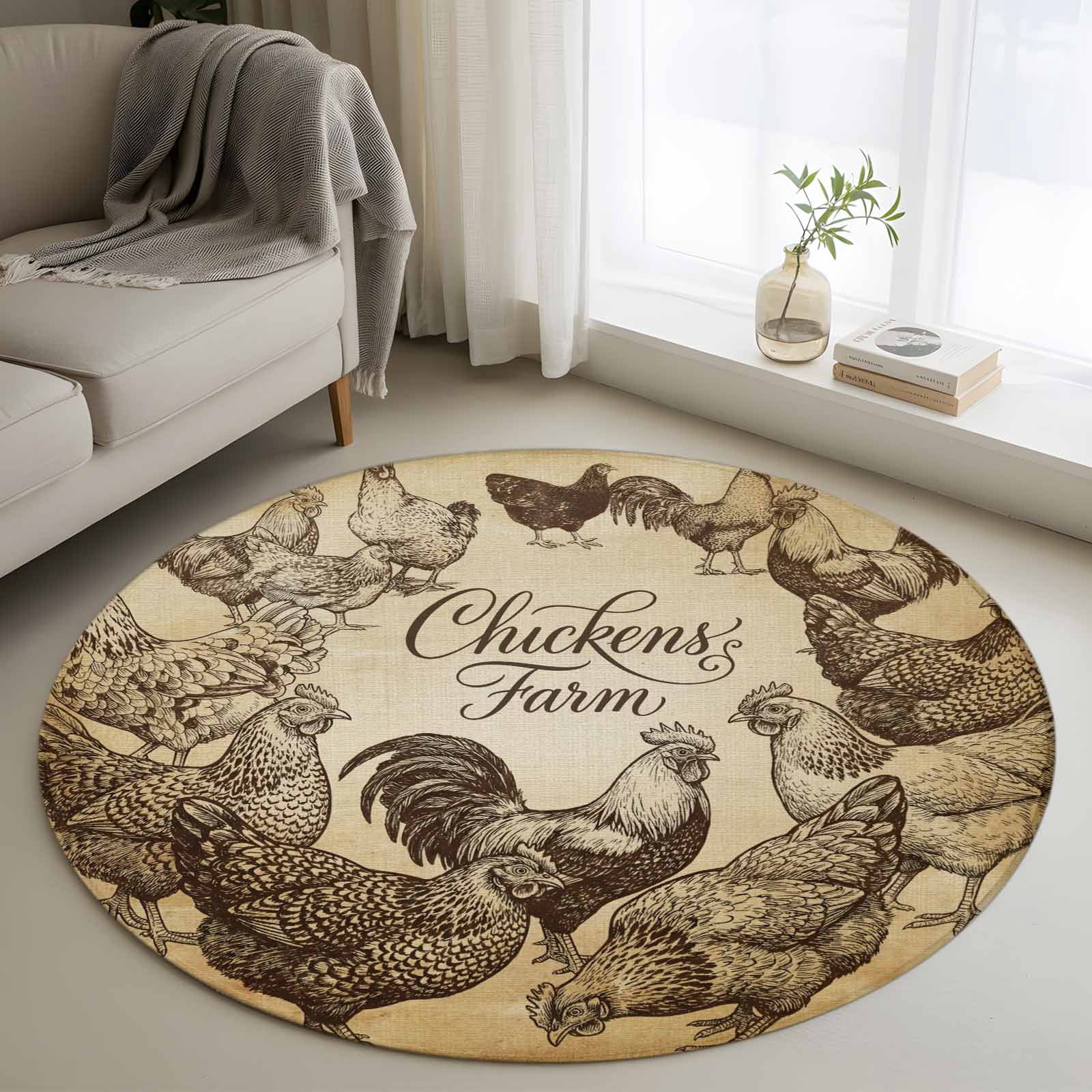 Hen Rug Chicken Farm Round Living Room Rugs 3.3 ft, Country Rustic Rooster Hen ...