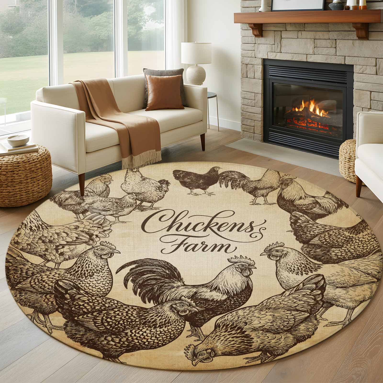 Chicken Farm Round Living Room Rugs 5 ft, Country Rustic Rooster Hen ...