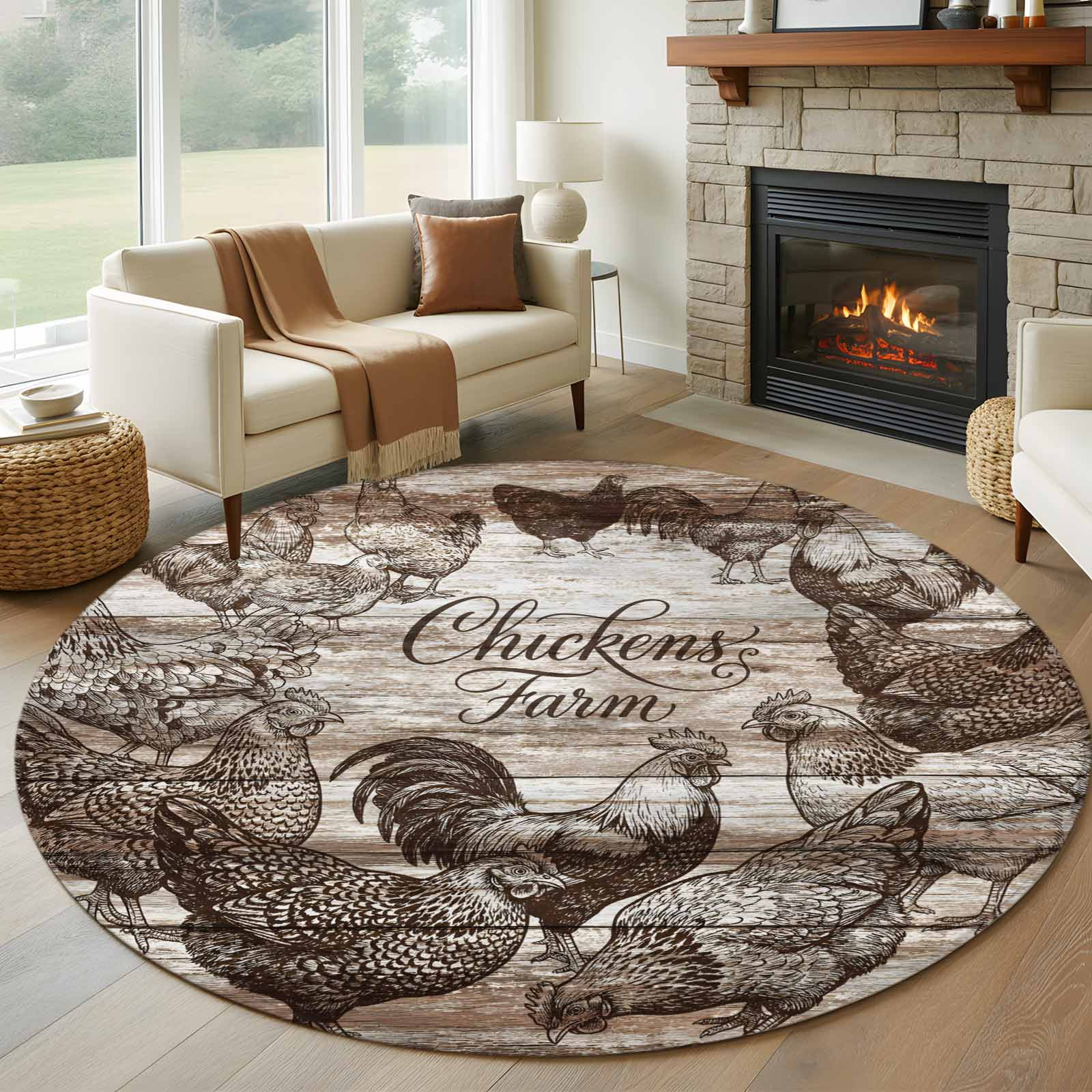 Chicken Farm Round Living Room Rugs 6 ft, Country Rustic Rooster Hen ...
