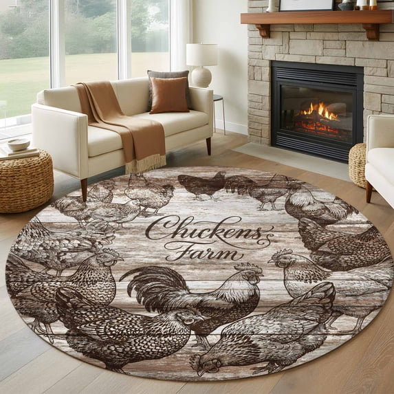 Chicken Farm Round Living Room Rugs 6 ft, Country Rustic Rooster Hen ...