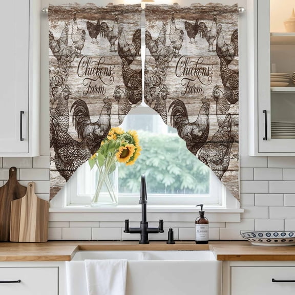Chicken Farm Swag Curtain Valance for Windows, Country Rustic Rooster Hen Retro Wood Grain Window Treatments Short Swag Topper for Kitchen Windows Bathroom Bedroom, 36"x36"