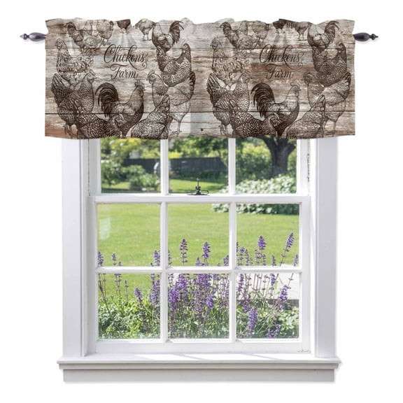 Chicken Farm Valances for Windows Country Rustic Rooster Hen Retro Wood Grain Rod Pocket Cafe Window Treatments Valance Curtains for Kitchen Bathroom Laundry Basement Windows 60"x18"