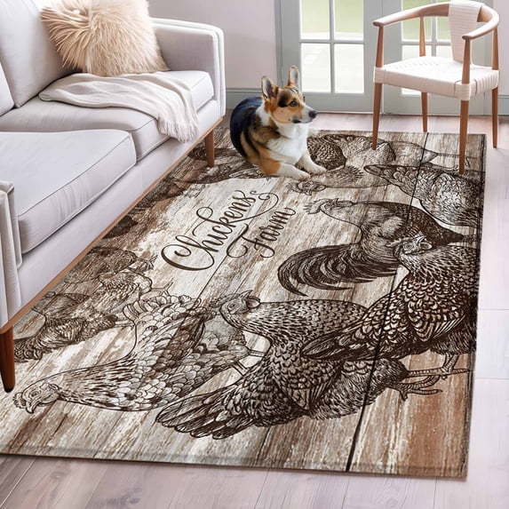 Chicken Farm Washable Area Rugs 2.7'x5', Country Rustic Rooster Hen Retro Wood Grain Low Pile Throw Living Room Rug Non-Slip Sturdy Edge Binding Carpet for Indoor Entryway Bedside Kitchen