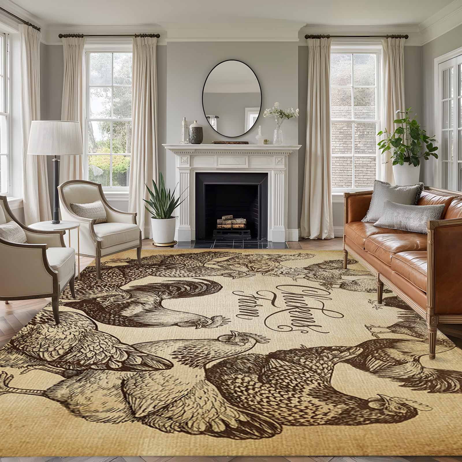 Hen Rug Chicken Farm Washable Living Room Rugs 5'x7', Country Rustic Rooster ...