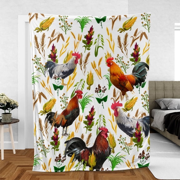 Chicken Farm Wheat Pattern Blanket, Farmer, 50x60in Fleece Blanket