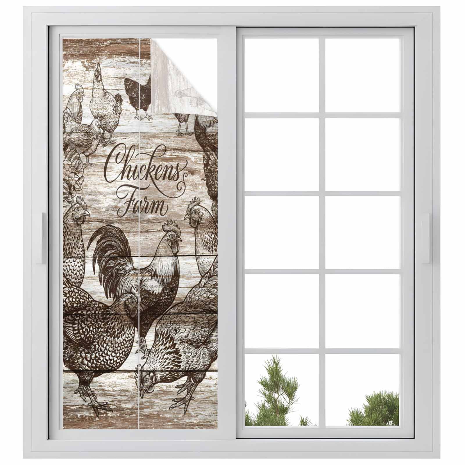 Chicken Farm Window Privacy Film, Country Rustic Rooster Hen Retro Wood ...
