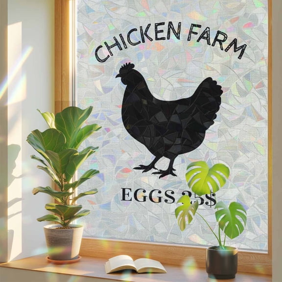 Chicken Farm Window Privacy Film, Eggs 25$ Vintage Farmhouse Stained Glass Rainbow Film Decorative Window Clings, Static Cling Sun Blocking Stickers 17.7" x 39.3"