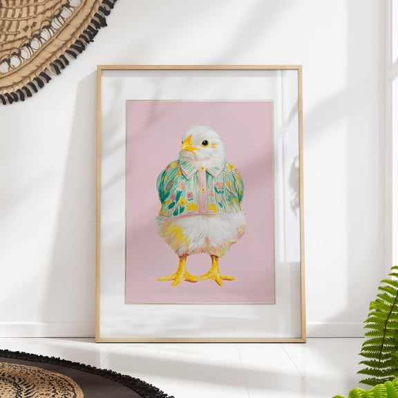Chicken Fashion Print Pink Whimsical Maximalist Kitchen Decor, Unframed Paper Poster 8x10in