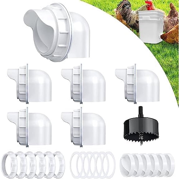 Chicken Feeder Port, 6 Pack Chicken Feeders No Waste with 6 Lids 1 Drill Bit, DIY Automatic Poultry Feeder Cups Kit, Chicken Bucket Feeder for Barrels (White)