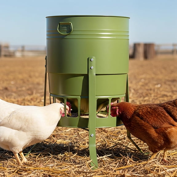 Chicken Feeder No Waste for Coop & Outdoors, 16 Port 50lbs Poultry Feeder with Spill-Control Design, Rust-Proof Powder Coated Metal & Smooth Safe Edges (Avocado Green)
