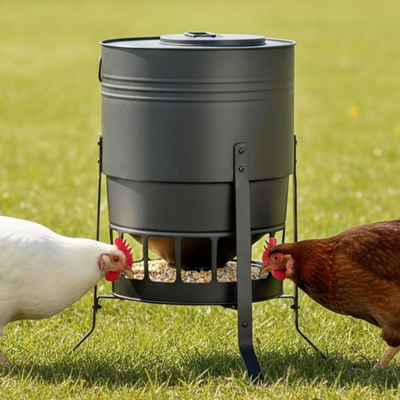 Chicken Feeder No Waste for Coop & Outdoors, 16 Port 50lbs Poultry Feeder with Spill-Control Design, Rust-Proof Powder Coated Metal & Smooth Safe Edges (Black)