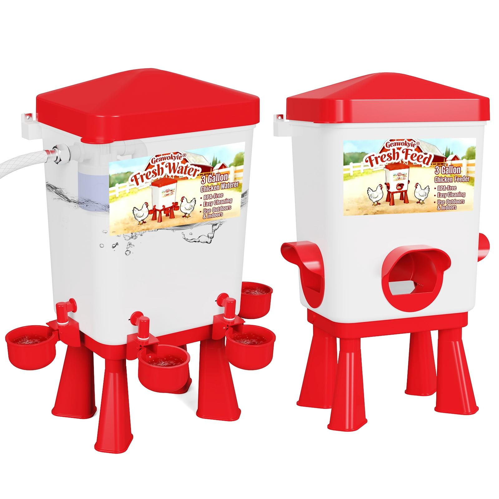 Chicken Feeder and Waterer Set - Automatic Float Valve Waterer with Built-in Filter,  Poultry Feeding & Watering Equipment for Chickens, Ducks, Geese, Chicken Coop Accessories(Red)