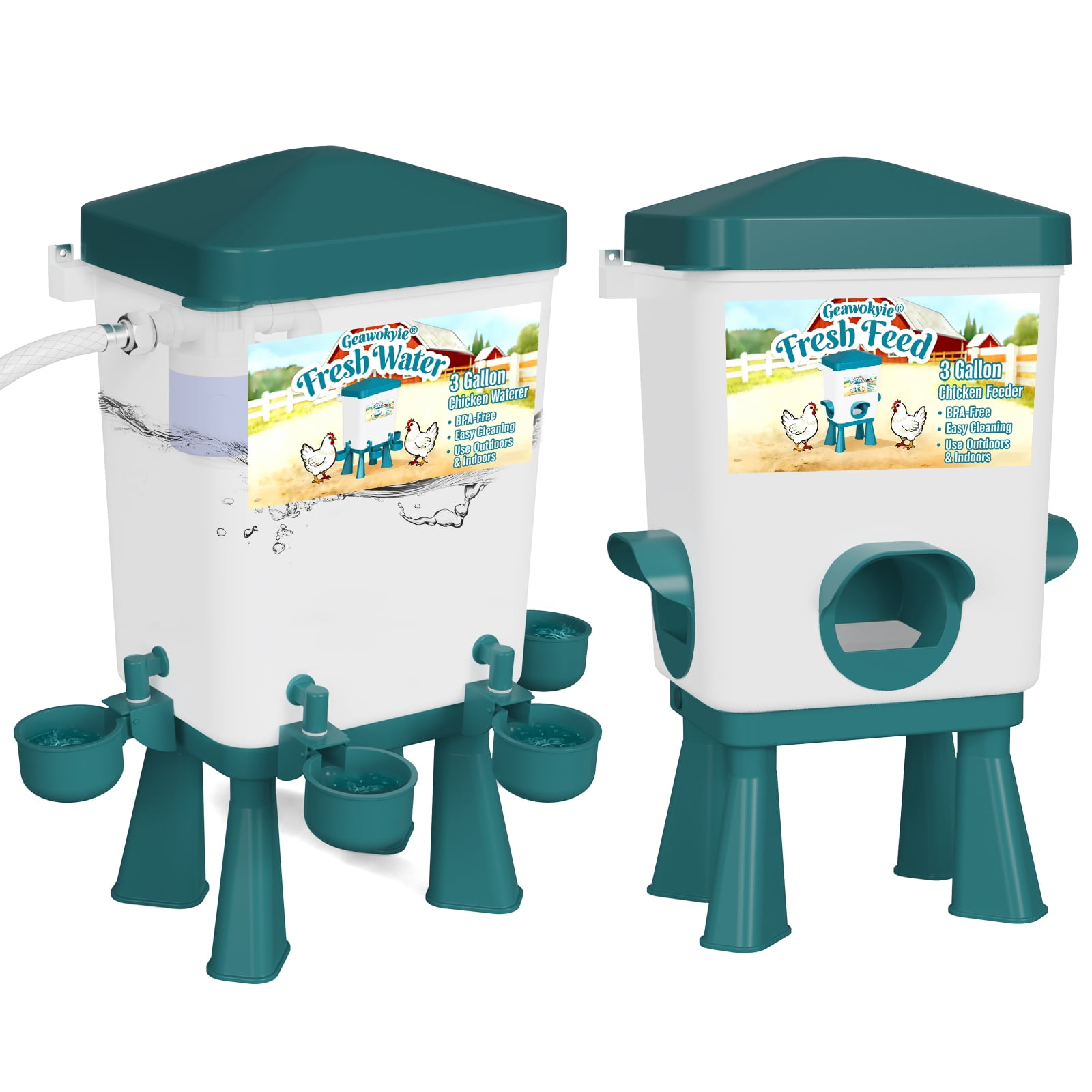 Chicken Feeder and Waterer Set - Automatic Float Valve Waterer with Built-in Filter,  Poultry Feeding & Watering Equipment for Chickens, Ducks, Geese, Chicken Coop Accessories(Blue))