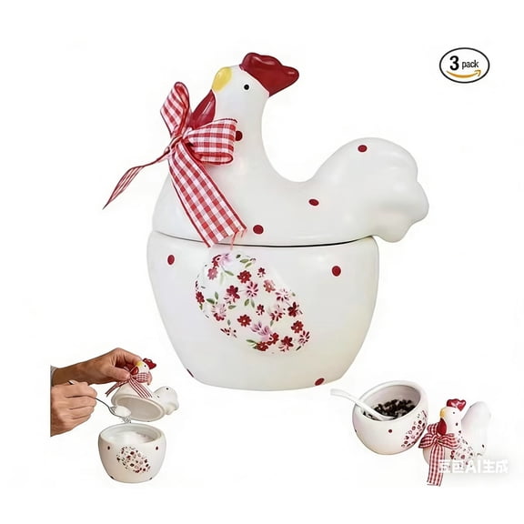 Chicken and Flower Pattern Ceramic, Easter Rooster Shape Sugar Canister with Lid Spoon, Rural Farmhouse Hen Cookie Jar Kitchen Decor for Food Storage,Spring Countertop Container  P