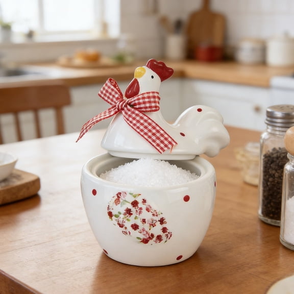 Chicken and Flower Pattern Ceramic, Easter Sugar Canister Rooster Hen Cookie Jar, Sugar Bowl with Lid Set Ceramic Storage Jar Food Storage Spring Decor