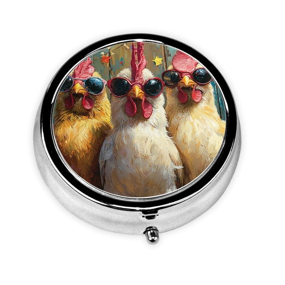Chicken Funny Party Mini Round Pill Box Portable Small Pill Case Organizer with 3 Compartments for Pocket Purse