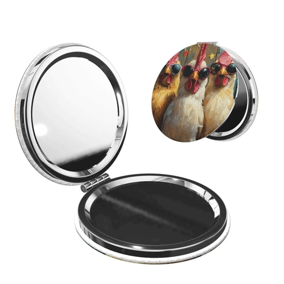 Chicken Funny Party Portable Double-Sided Face Mirror Round Shape, Magnifying Compact Pocket Mirror with PU Leather Cover