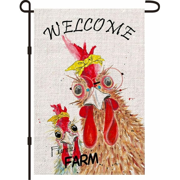 Chicken Garden Flag 12x18 Inch, Double Sided Burlap Outside Welcome Funny Farm Chicken Sign Yard Flag Farmhouse Outdoor Decor
