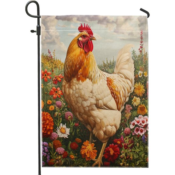 Chicken Garden Flag Floral Linen Rooster Design 12x18 Inch Yellow Green Garden Yard Patio Outdoor Lawn Decoration