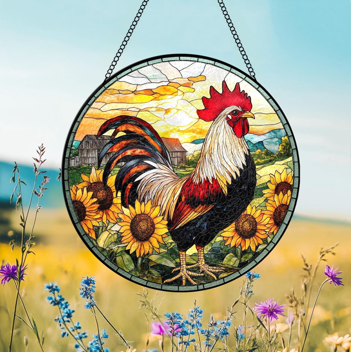 Chicken Glass Suncatcher, Chicken Glass Art, Rooster Window Hangings ...