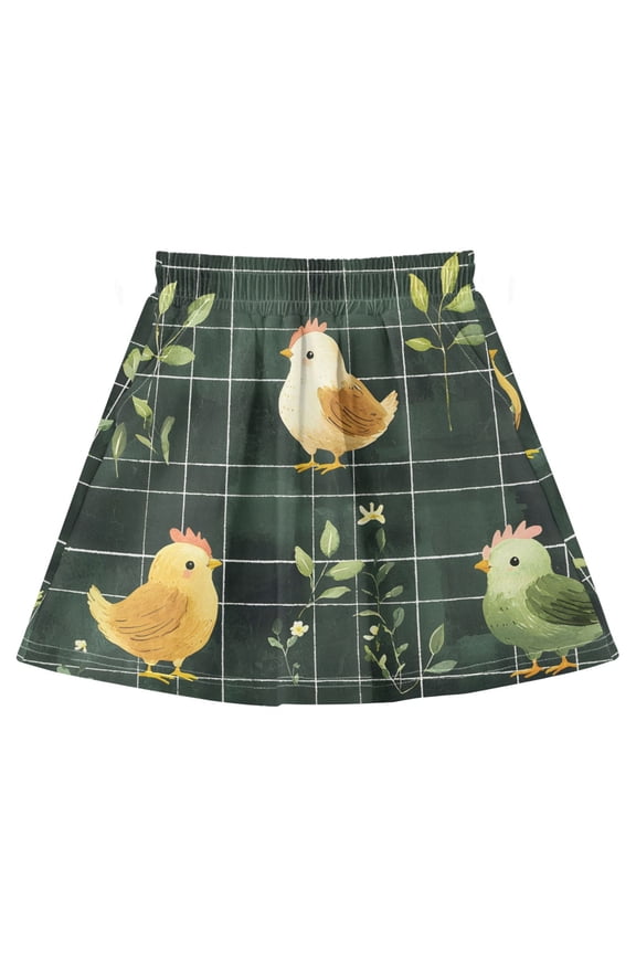 Chicken Grid Pattern Cotton Skirt Built-in Liner Elastic A-Line Flared Skirt with Pockets
