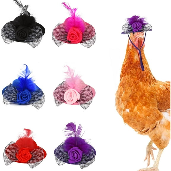 Chicken Hats for Hens Tiny Pets Animals Funny Chicken Accessories Mini Feather Top Hat with Adjustable Elastic Chin Strap and Rose for Hamster Parrot Bird Snake Animals Show Costum