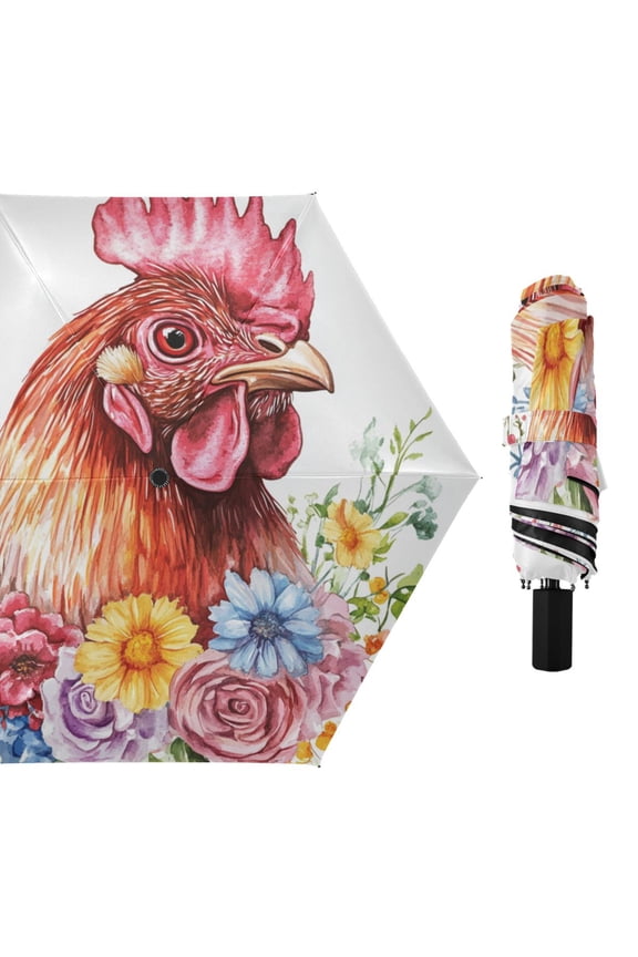 Chicken Head Flowers All Weather Umbrella Triple Folding Parasol 6 Ribs UV Protection Portable
