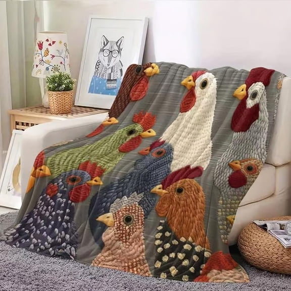 Chicken Head Plush Blanket Fun Pattern, Ultra Soft Fleece Throw Farmhouse Decor, 51x59 Inch