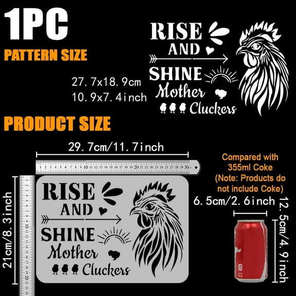 Chicken Head Stencil with Brush 8.3x11.7inch Reusable Rise and Shine Mother Cluckers Template Plastic Phrase Chick Stencil Animal Theme Template for Painting on Wood Clothes Canvas