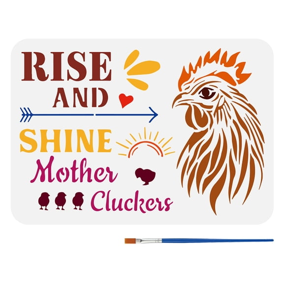 Chicken Head Stencil with Brush 8.3x11.7inch Reusable Rise and Shine Mother Cluckers Template Plastic Phrase Chick Stencil Animal Theme Template