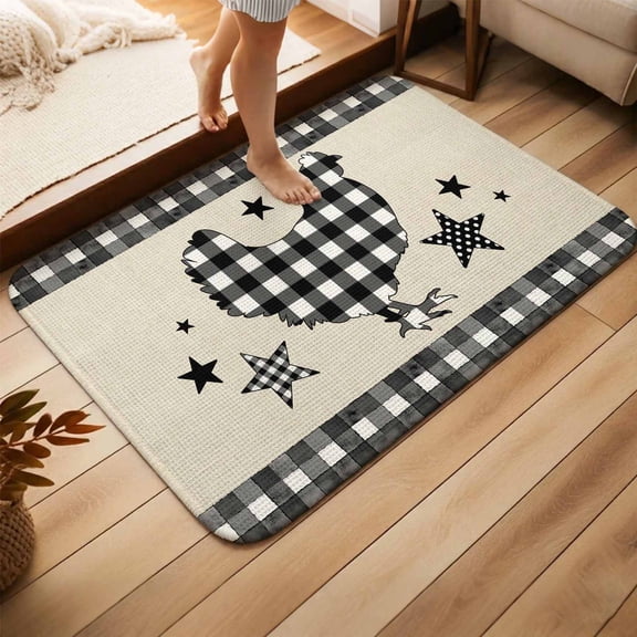 Chicken Hen Doormat Bathroom Mat,Non Slip Entrance Bath Floor Rug Door Mat,Rooster Farmhouse White Black Plaid Vintage Absorbent Washable Indoor Outdoor Small Throw Rug for Entryway 15.7x23.6 Inches