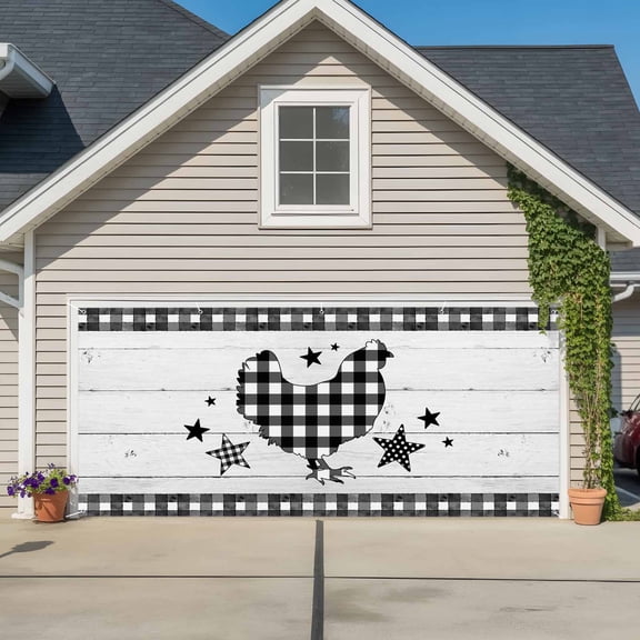 Chicken Hen Garage Door Cover Banner 7 x 8 FT,Rooster Animals Farmhouse Plaid Country White Wooden Garage Door Curtains Backdrop with Grommets for Indoor Outdoor Wall Party Porch Yard Decor
