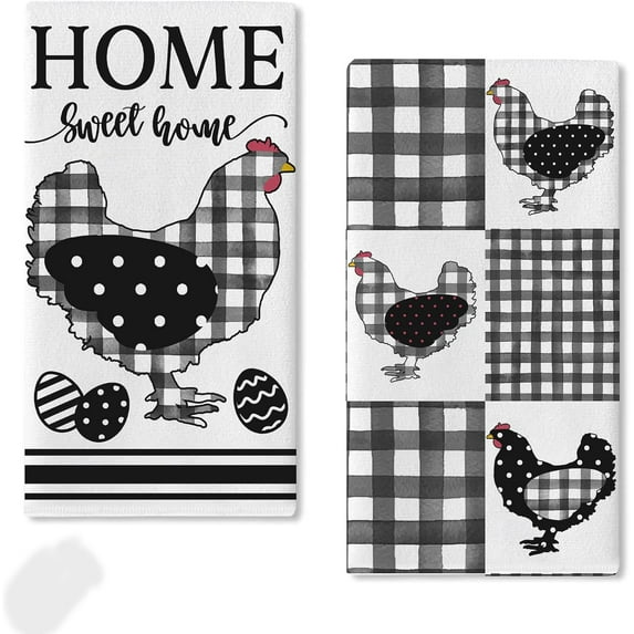 Chicken Hen Kitchen Dish Towels Set of 2, Home Sweet Home Buffalo Plaid Check Hand Towels Farm Drying Baking Cooking Cloth, Spring Egg Farmhouse Home Kitchen Decor 18 x 26 Inch